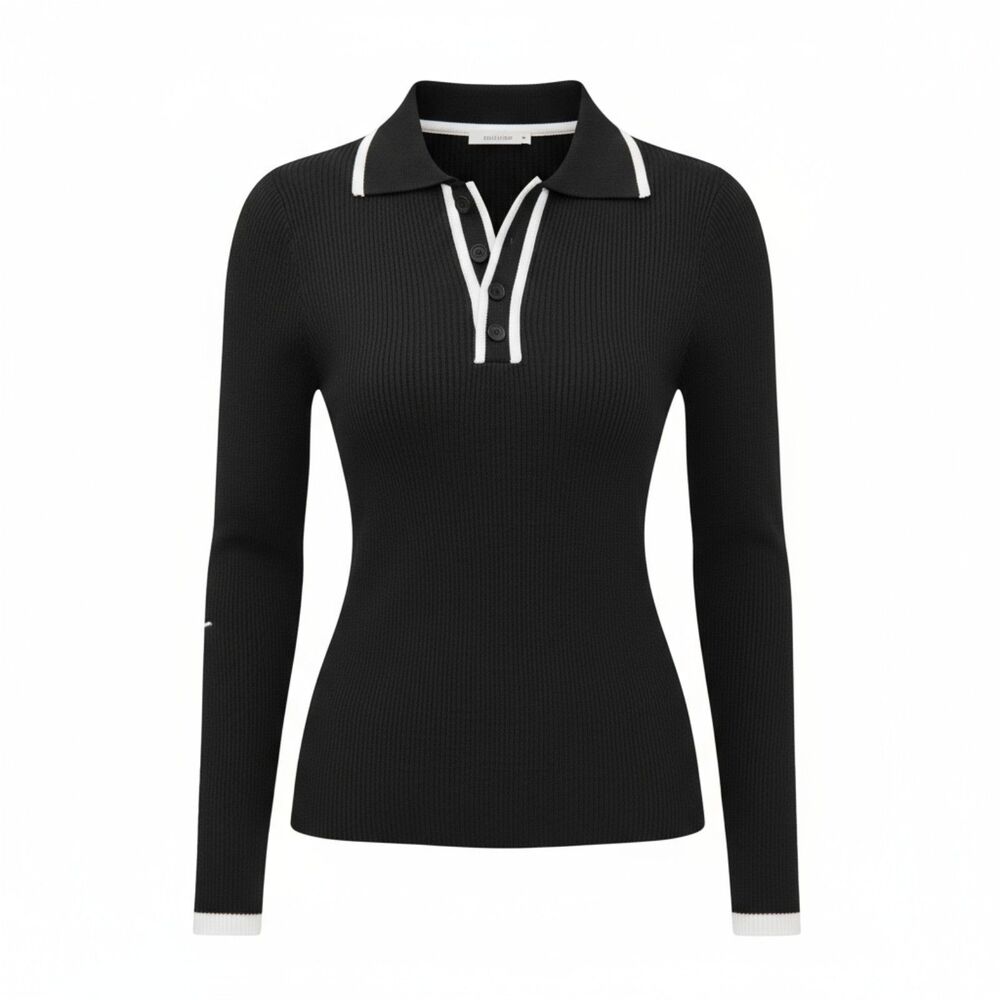 Nenoná Black Ribbed Knit Polo Collar Long Sleeve Sweater Women Top Size S - Picture 4 of 8